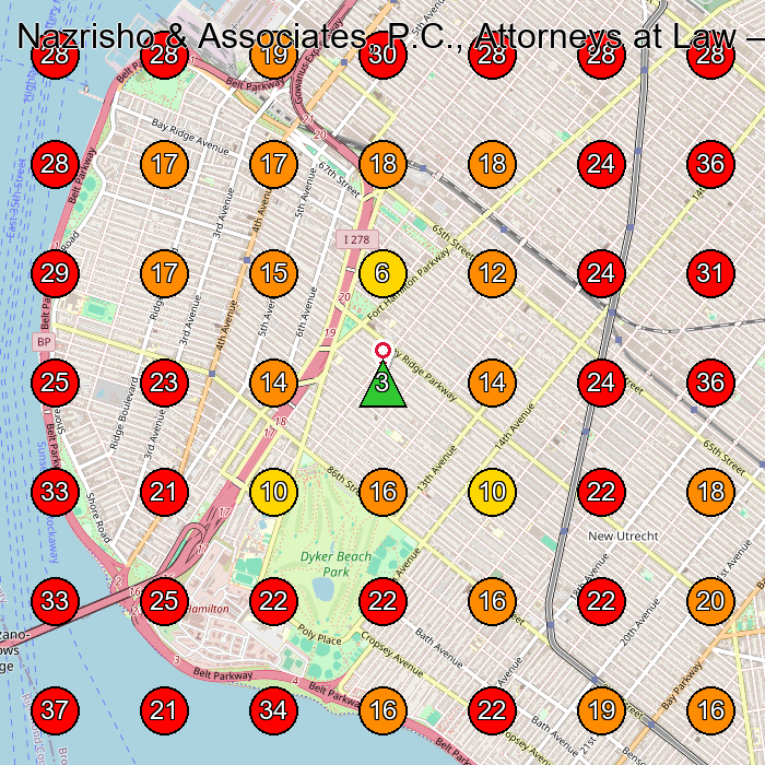 Nazrisho & Associates, P.C., Attorneys at Law GeoGrid visibility map for Law Firm in Brooklyn